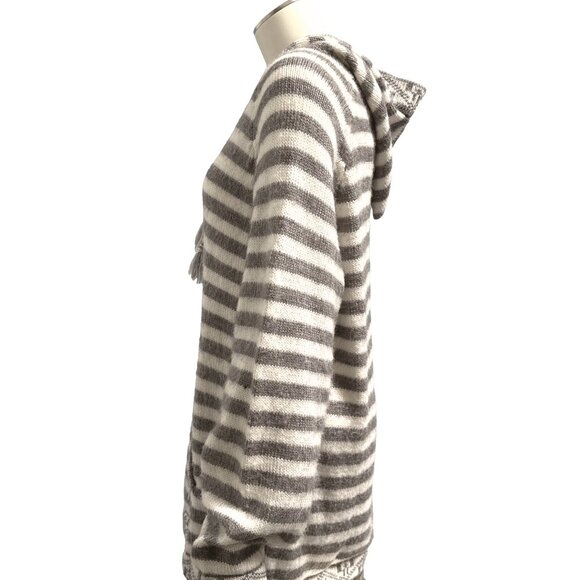 CCC Peruvian Alpaca Hooded Gray White Horizontal Striped Knit Sweater Size Large - Picture 2 of 6